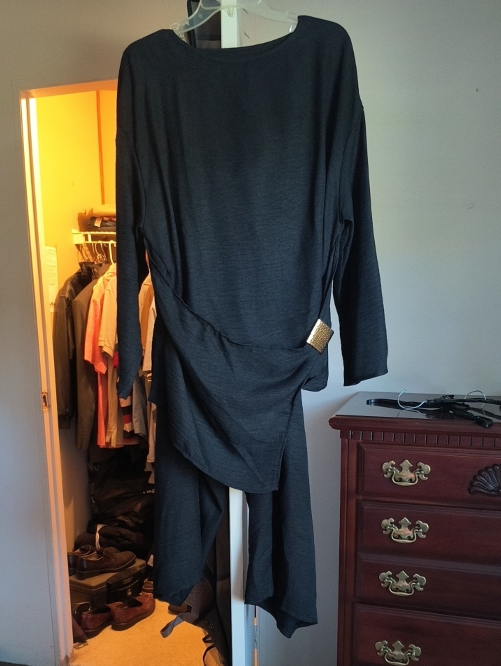 Black Draped Long Sleeve Tunic with Asymmetrical Hem